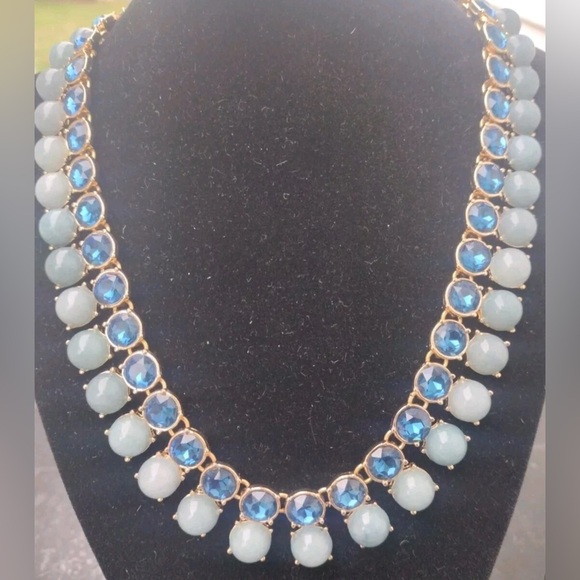 WHBM Gold Blue Double Row Statement Necklace | Genuine Jade & Glass Beads - Picture 2 of 6
